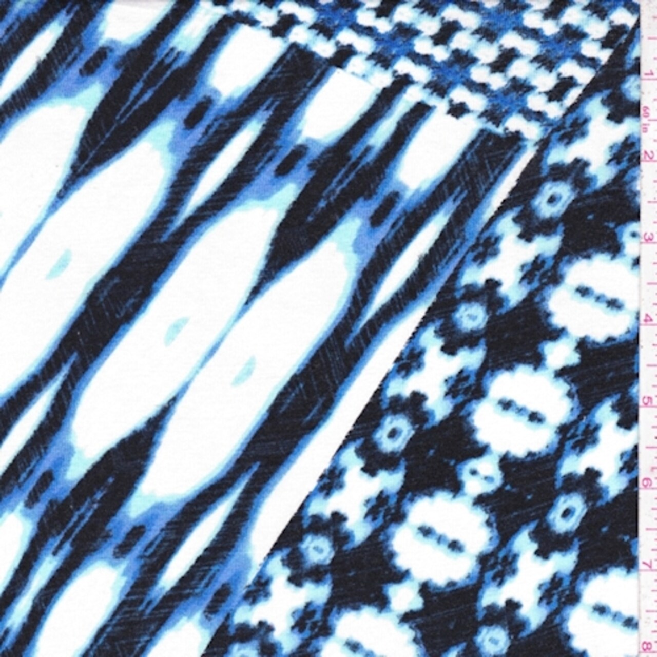 White/Blue/Black Deco Patch Rayon Jersey Knit Fabric By the Yard